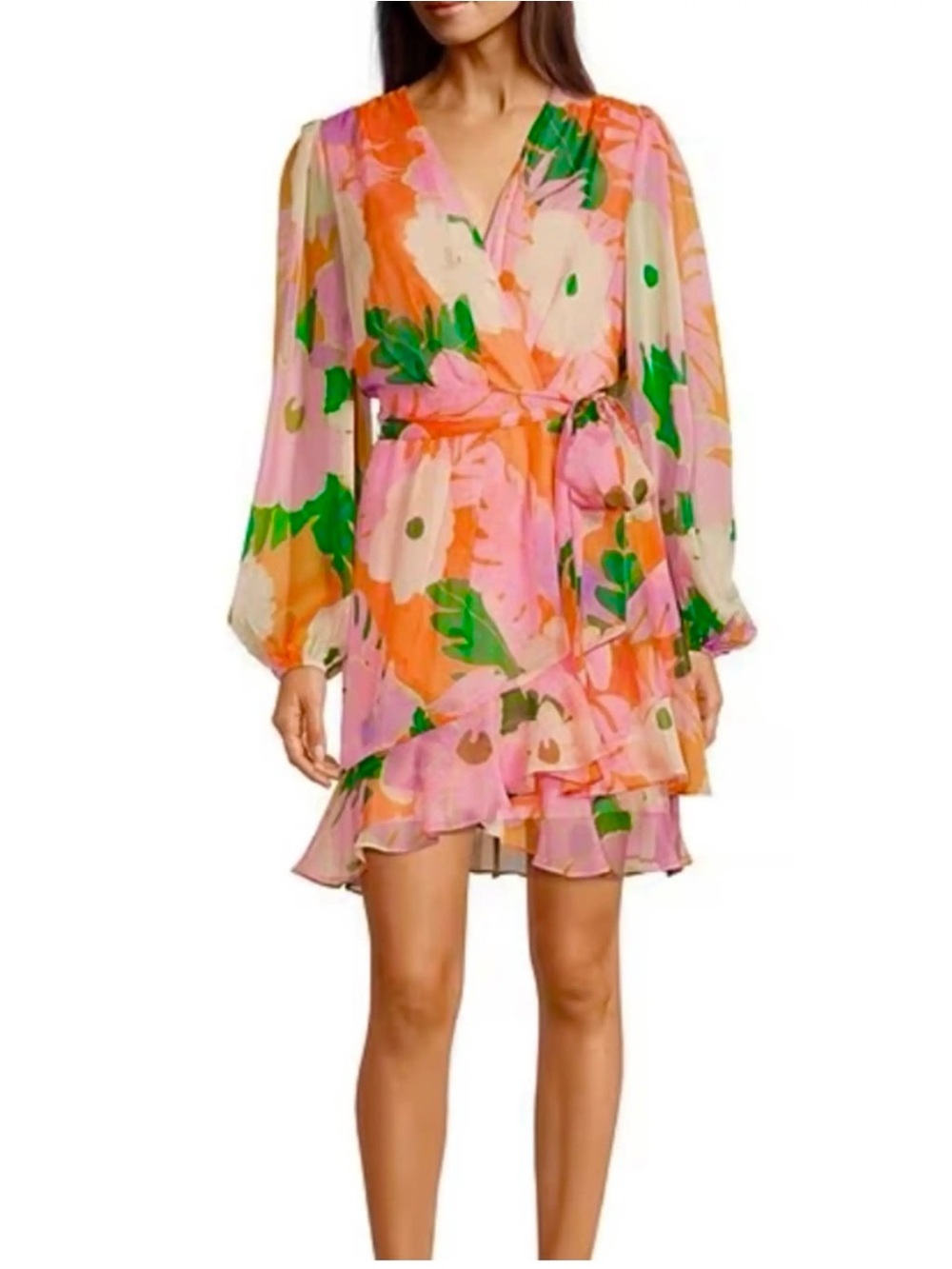 Alex Marie Floral Twist-Front V-Neck Mini Dress - Pink & Orange Sz 10